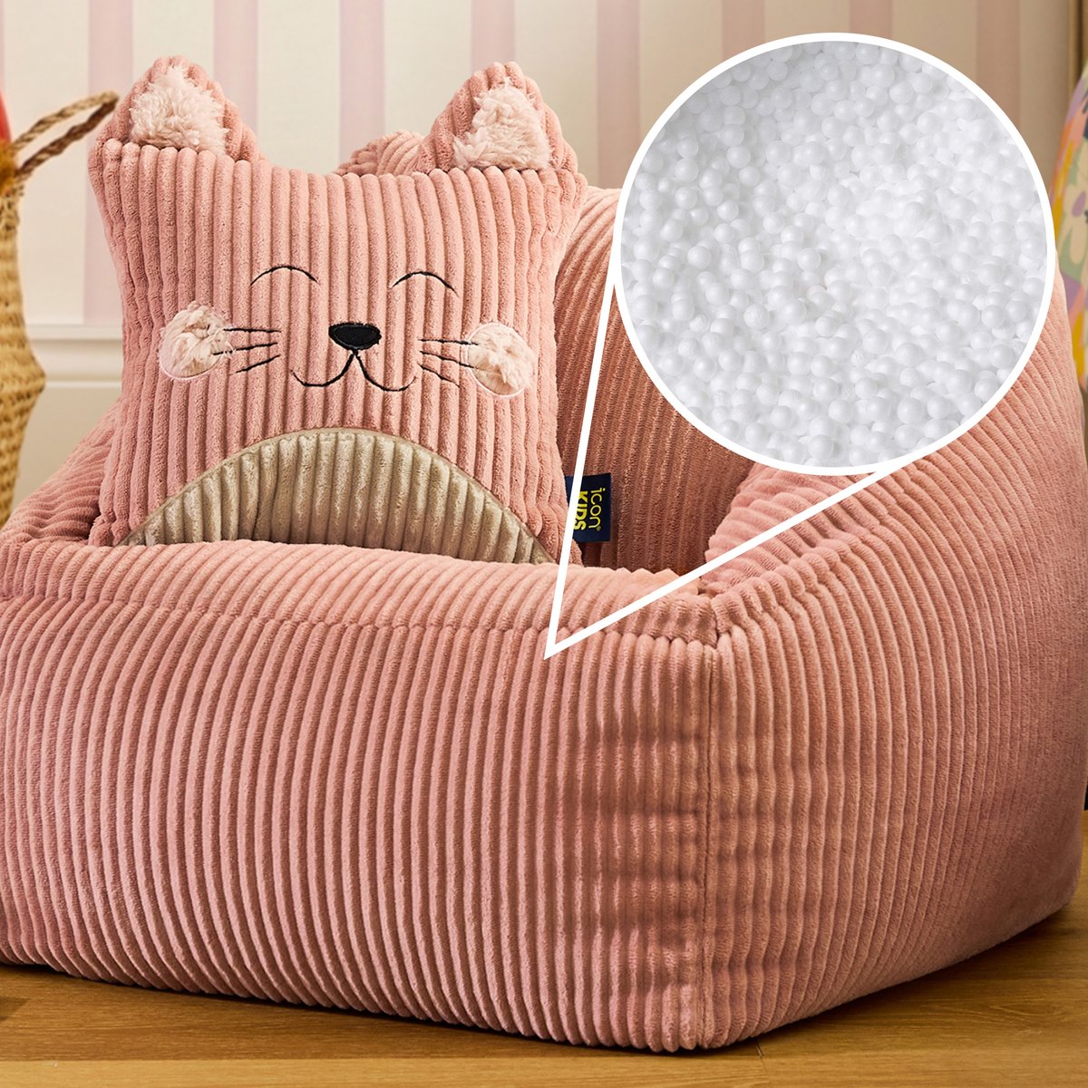 Pouf fauteuil enfant avec coussin animal en velours côtelé Oeko-Tex® - NATALIA rose chat, ICON