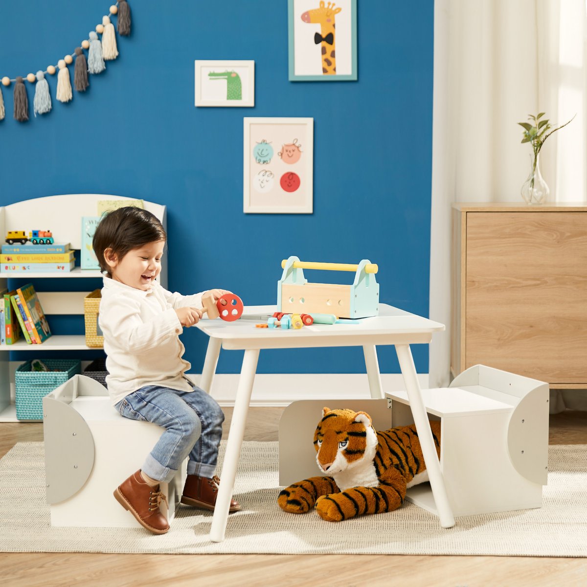 Ensemble table et 2 chaises enfant avec rangements intégrés, Gris couleur unique, TEAMSON KIDS