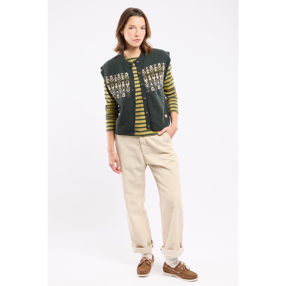 Cardigan sans manche - laine jacquard fleurs otranto, ARMOR-LUX