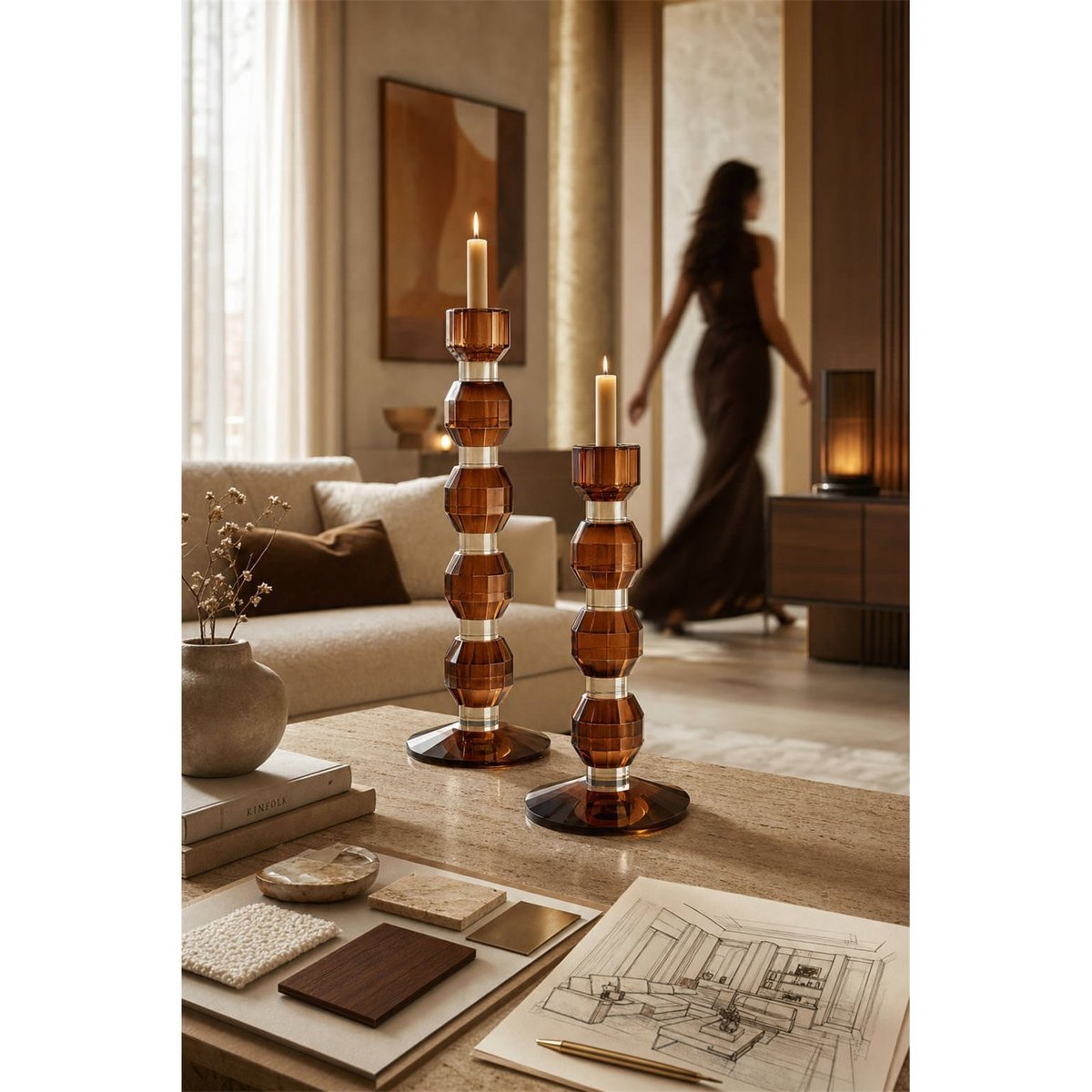 Bougeoir en verre facetté marron, RECOLLECTION