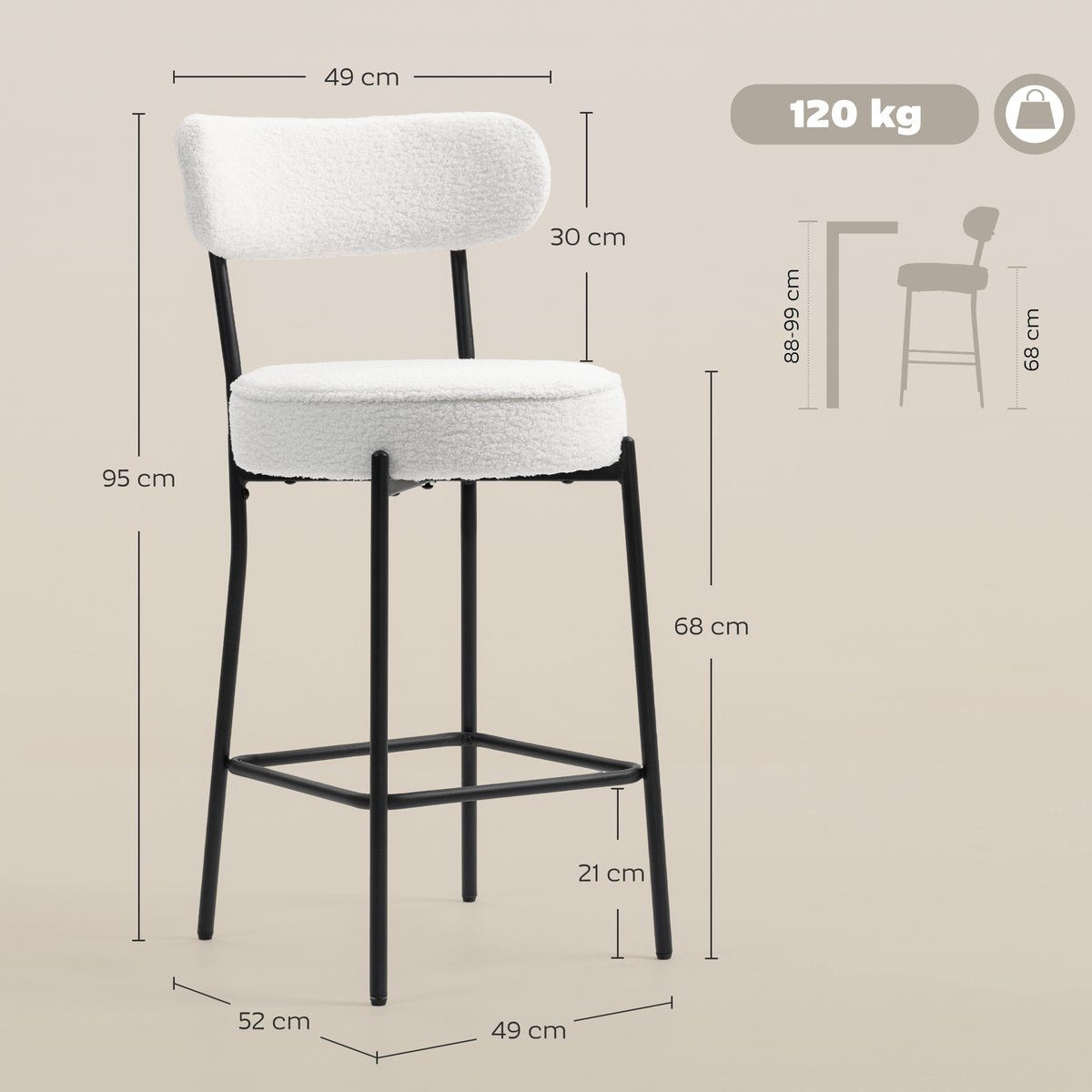 Tabouret de bar Tissu bouclette Crème crème, HOMCOM