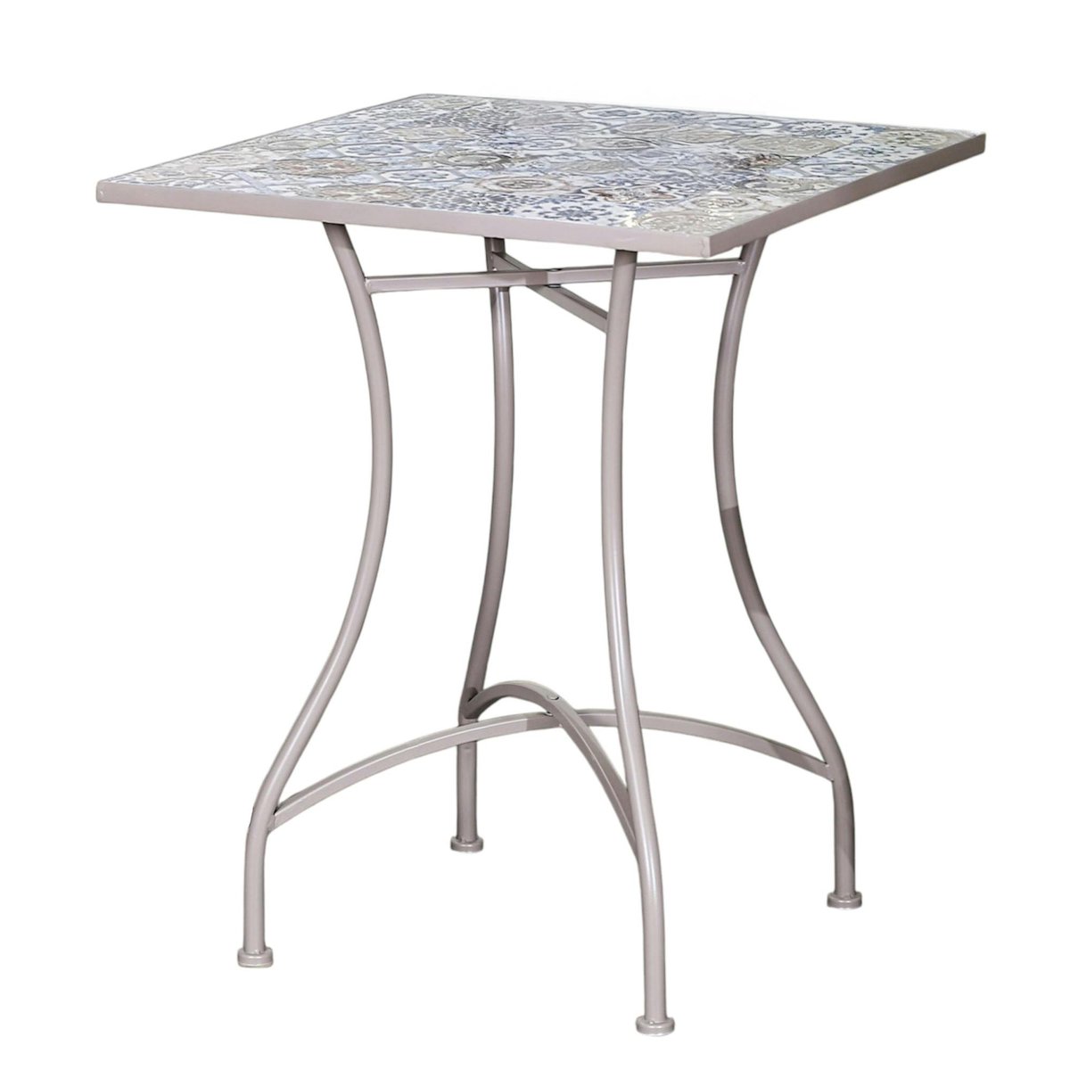 Table de jardin carrée en fer forgé plateau déco carreaux de ciment bleus style vintage GRENADE taupe, PIER IMPORT