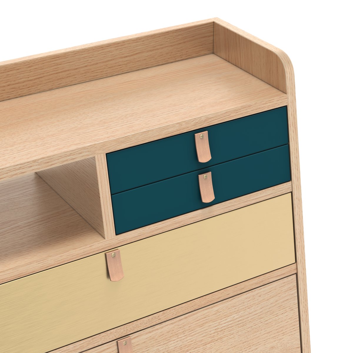 Bureau secrétaire mural en chêne 60 cm, GASTON chêne, bleu pétrole, laiton, HARTO