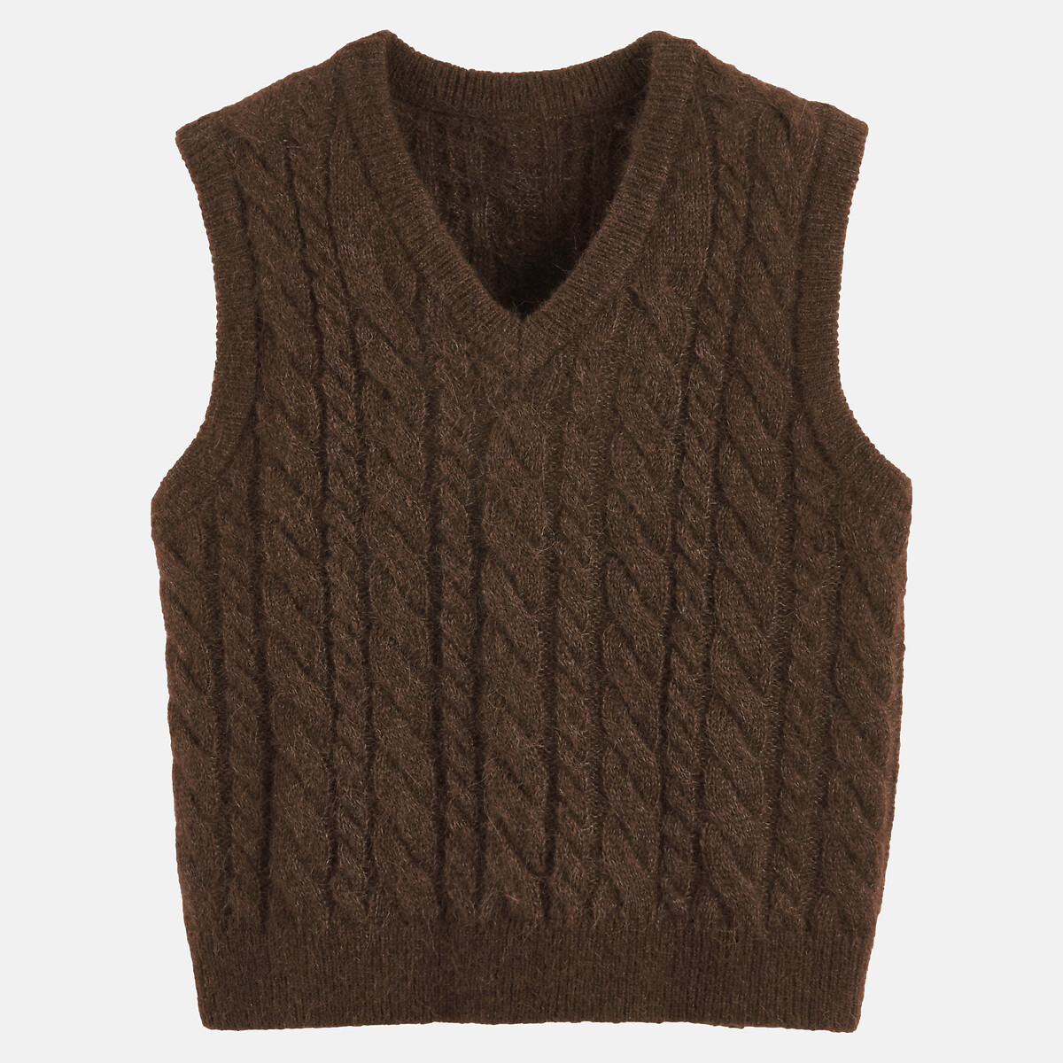 Alpaca Blend Sleeveless Cable Knit V-Neck Jumper brown, LA REDOUTE COLLECTIONS