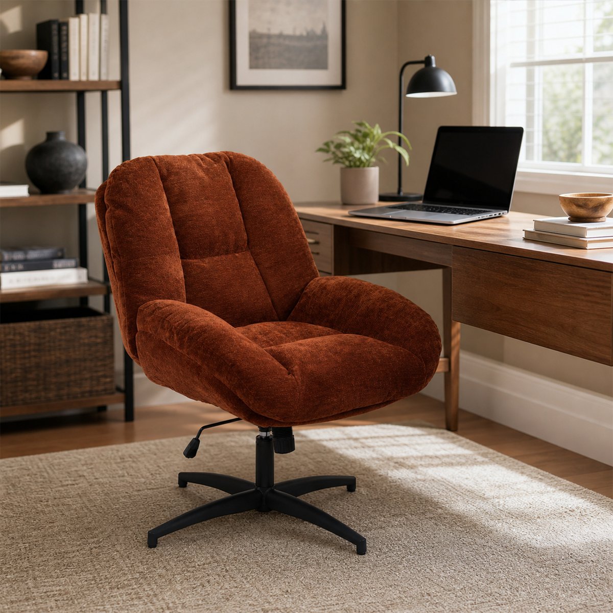 Chaise de bureau pivotante avec dossier inclinable en chenille, LITHOPSFIX CHENILLEO rouge, MEUBLES COSY