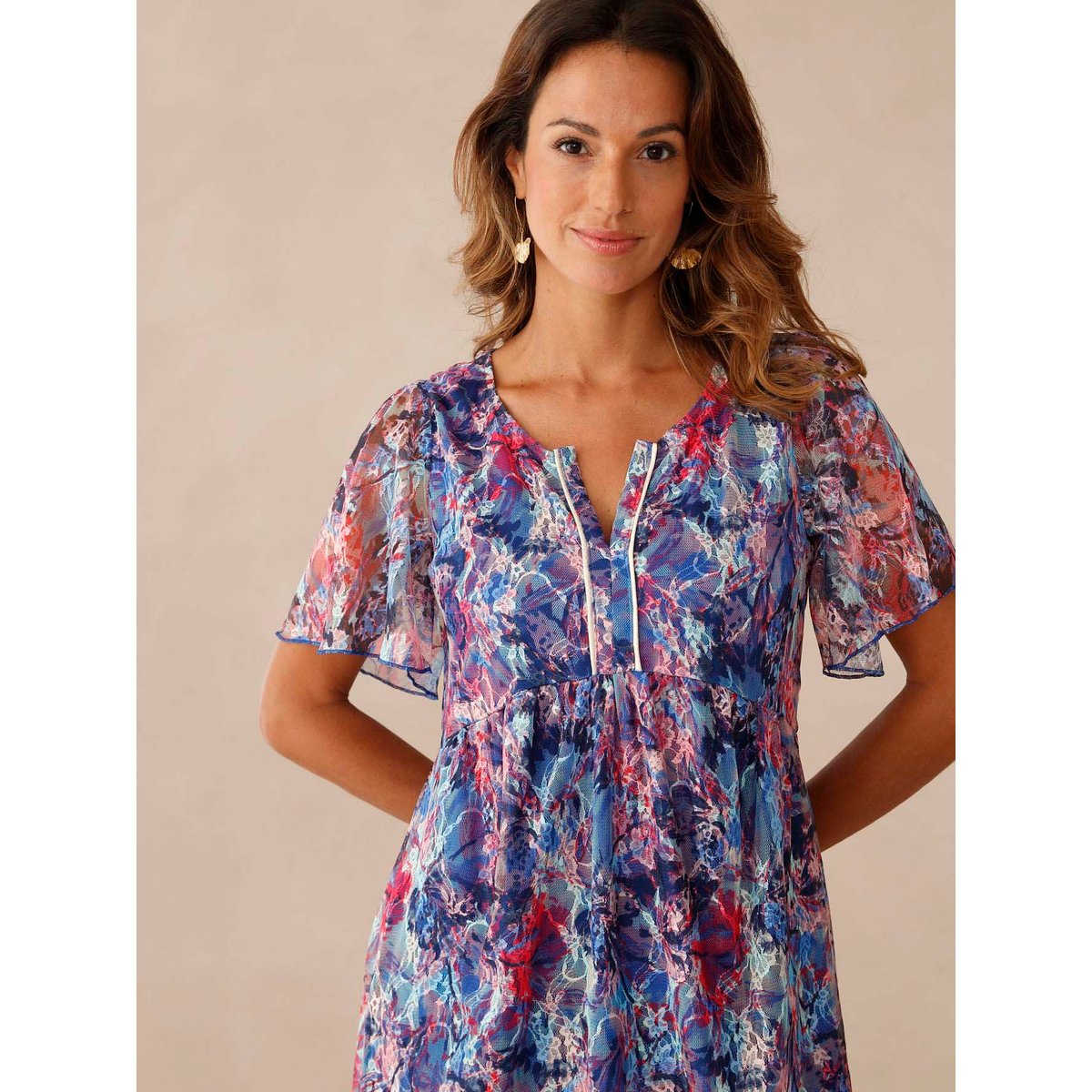 Robe dentelle manches volantées imprimé bleu, DAXON