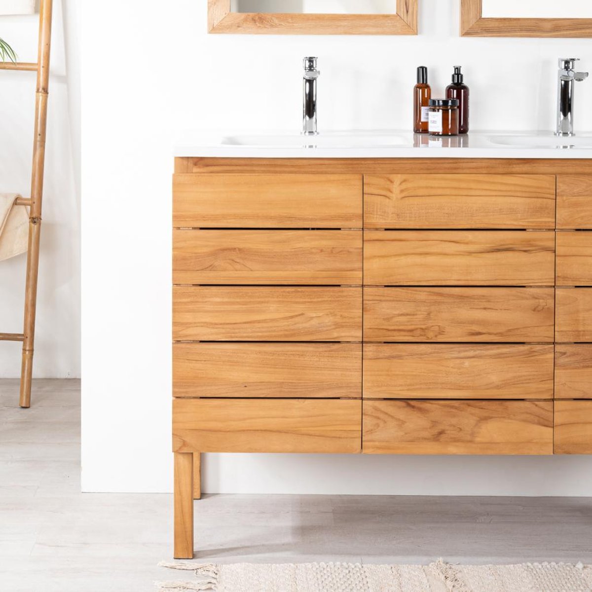 Meuble salle de bain en teck et céramique 120 cm ANANTA blanc, WANDA COLLECTION
