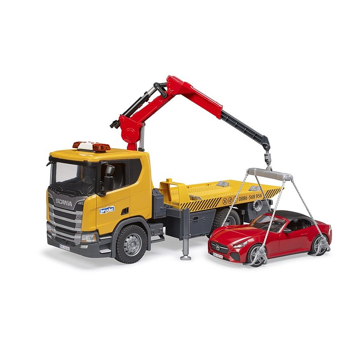 Remorqueuse Scania Super 560R avec module son et lumière et véhicule Roadster v019845, BRUDER
