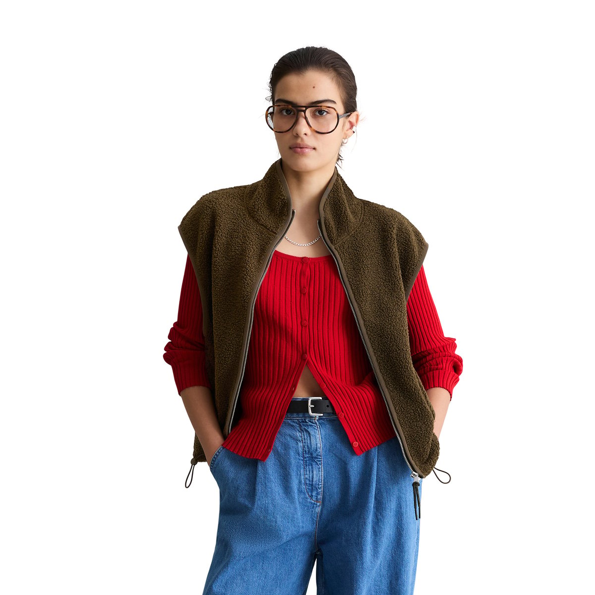 Gilet Teddy relaxed en polyester recyclé brun foncé, MARC O’POLO DENIM