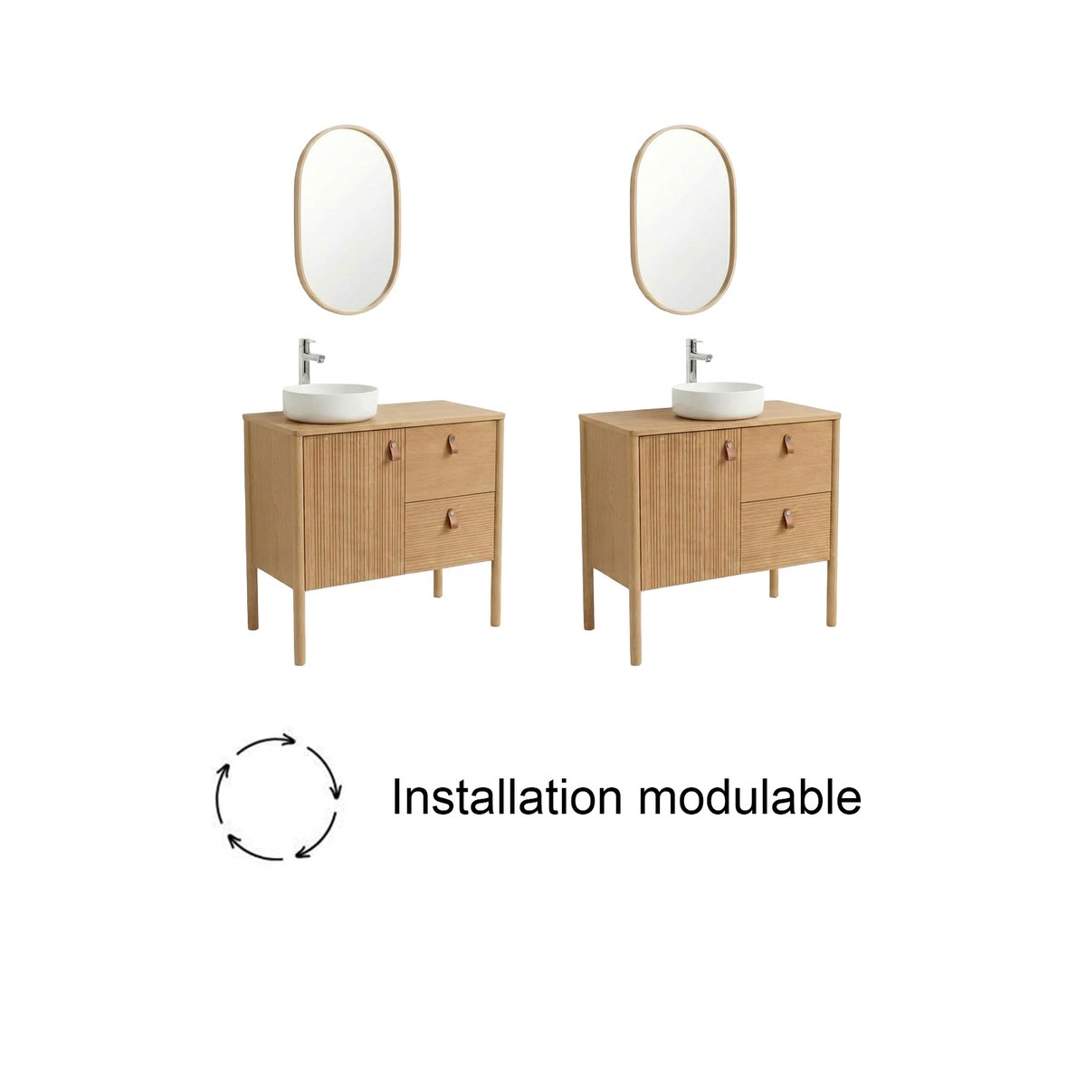 Meuble chêne 80cm sur pieds, vasque, robinet et miroir ovale JOY chêne, MOB IN