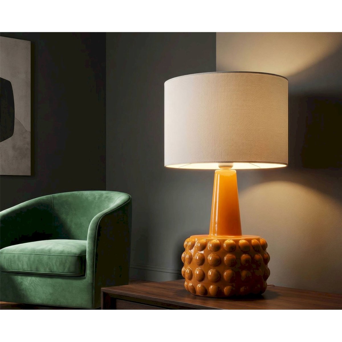 Lampe à poser céramique relief abat-jour tissu bleu et blanc, RECOLLECTION