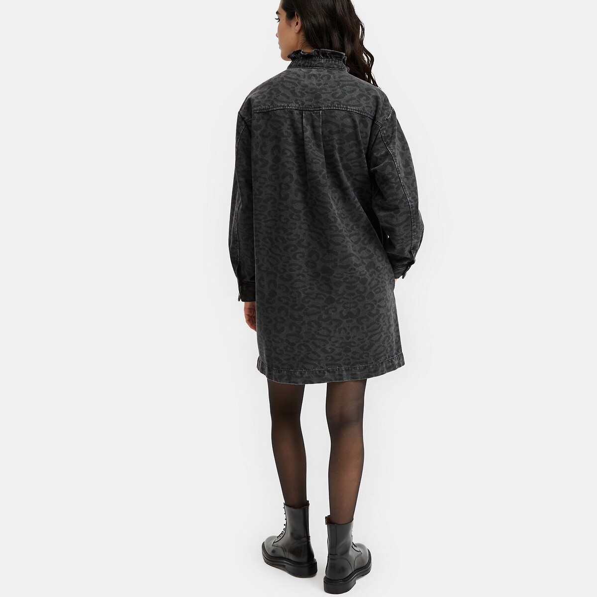 Signatures Debbie Leopard Print Denim Ruffled Collar Mini Dress leopard print/grey, LA REDOUTE COLLECTIONS