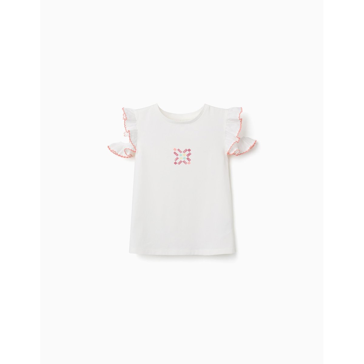 T-shirt en coton avec imprimé mosaïque et manches à volants blanc, ZIPPY