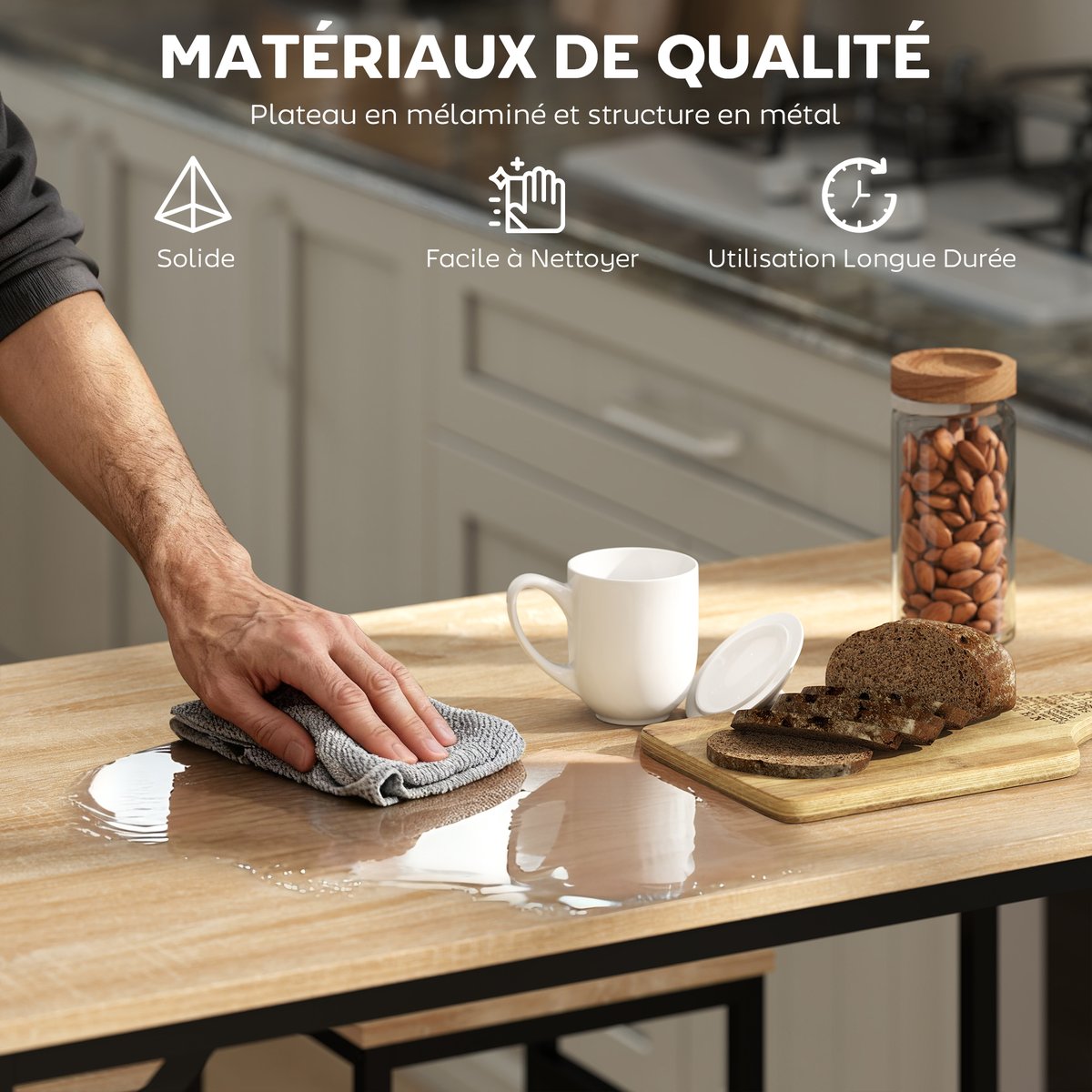 Ensemble de table de bar Métal Beige beige, bois clair, noir, HOMCOM