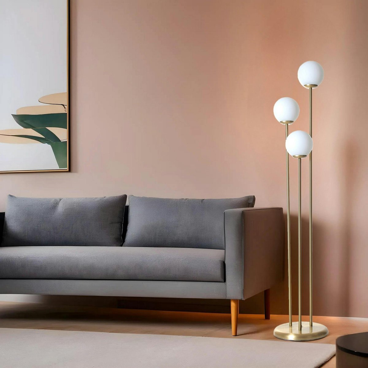 Lampadaire salon art déco, 3 globes verre dépoli SIERRE doré, PIER IMPORT