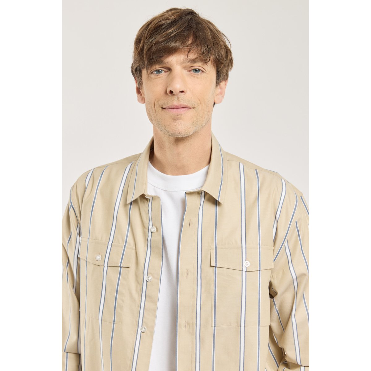 Chemise à carreaux en coton beige rayure bleu/blanc, GUY DE BERAC