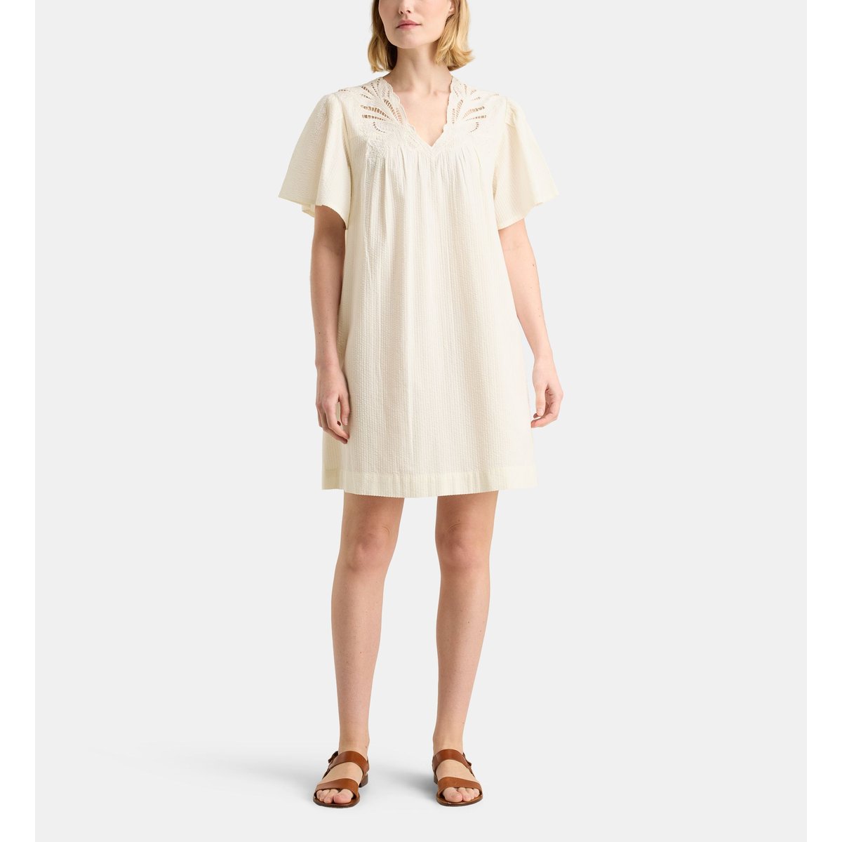 Robe courte évasée dahlia en coton bio seersucker beige clair, GALERIES LAFAYETTE