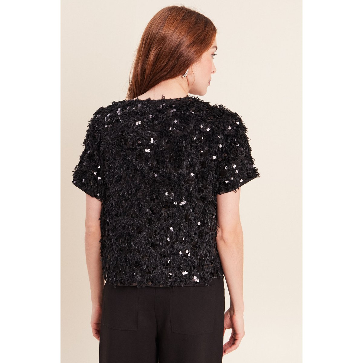 T-shirt à sequins manches courtes noir, BREAL