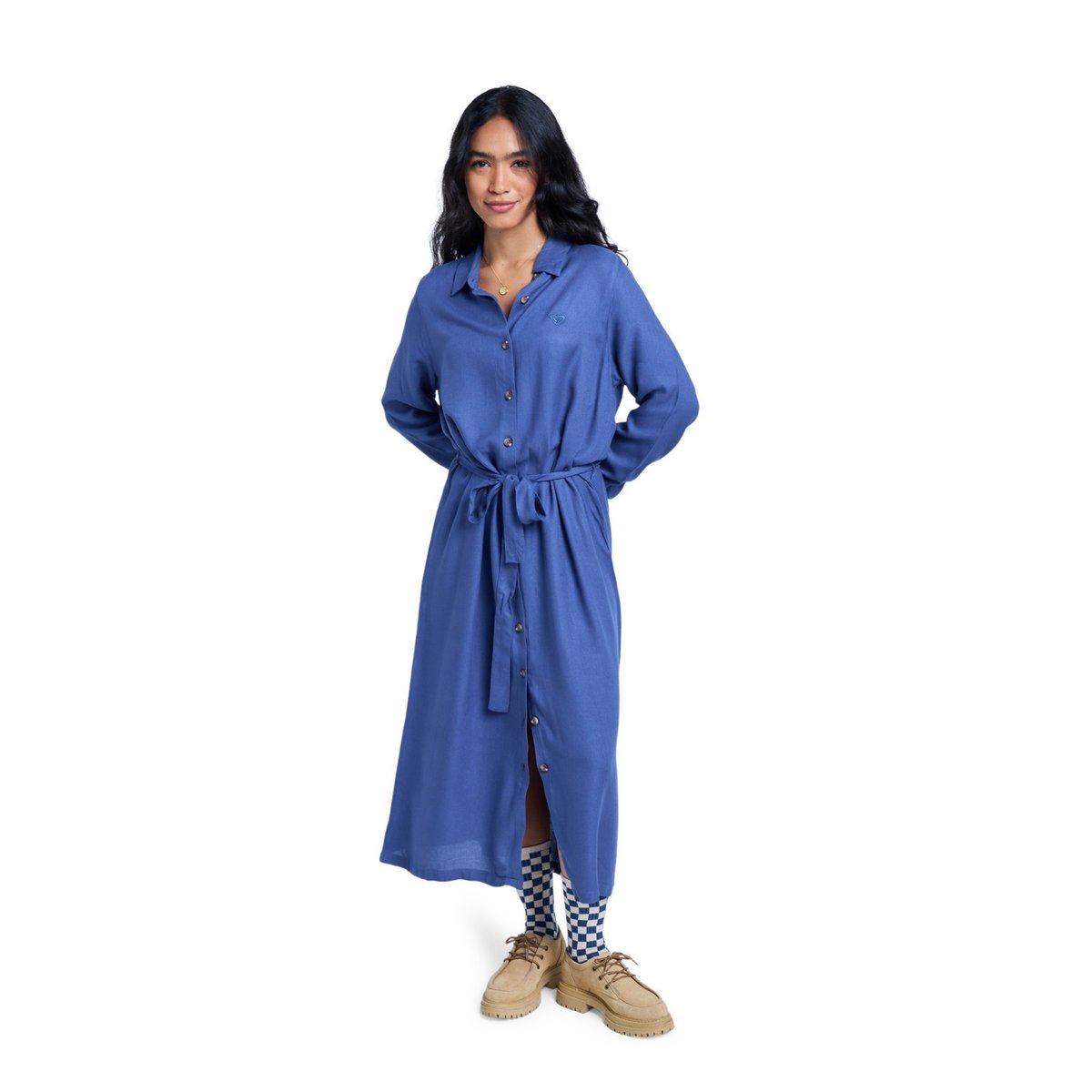 Robe midi à col et manches longues boutonnées sur le devant ISLAND ESCAPE SOLID. bleu vintage indigo, ROXY
