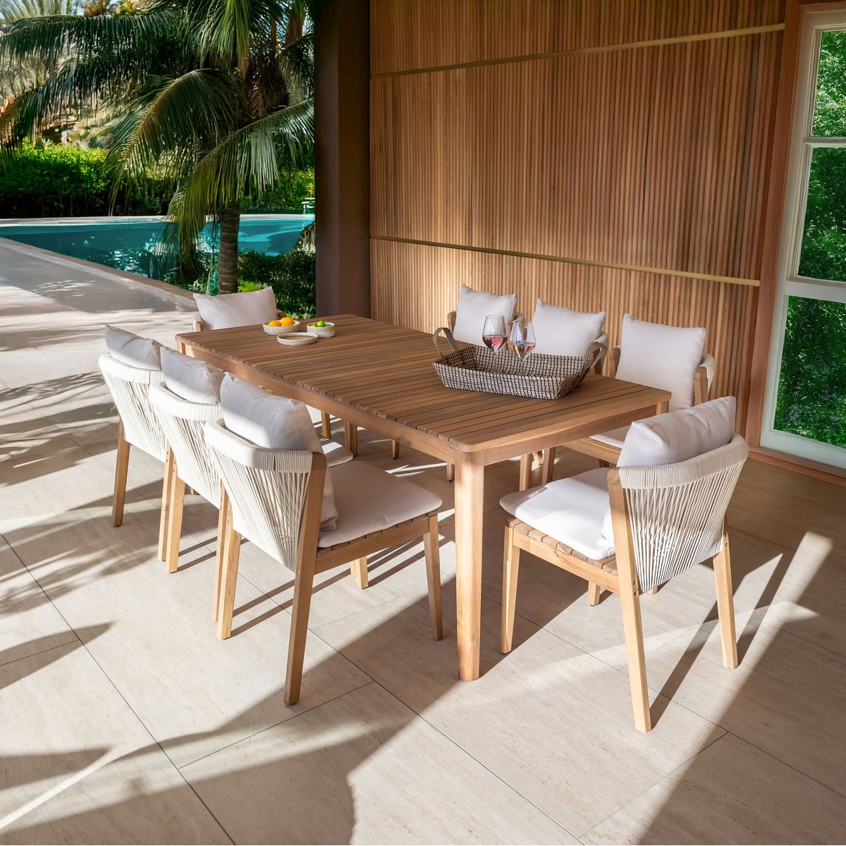Salon de jardin table et 8 chaises en acacia, FIDJI bois d'acacia, NOW'S HOME