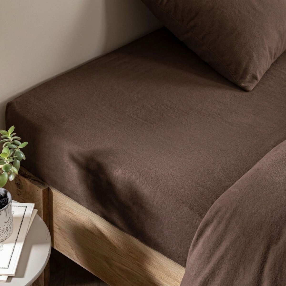 Drap housse flanelle bonnet 30 marron, TERRE DE NUIT