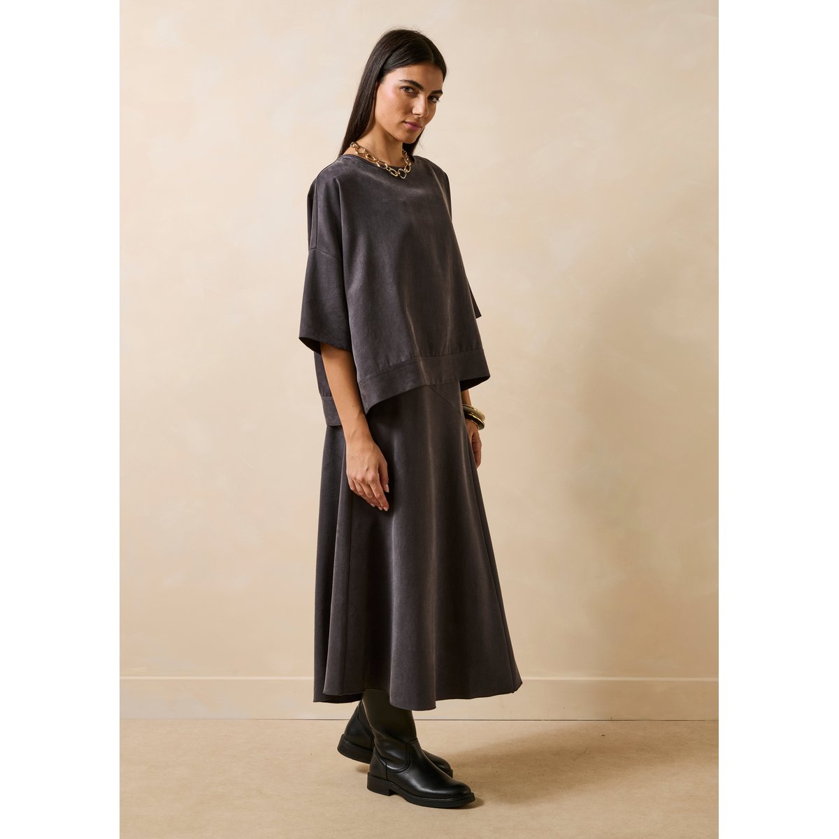 Jupe longue évasée en satin de lyocell anthracite, LA FEE MARABOUTEE