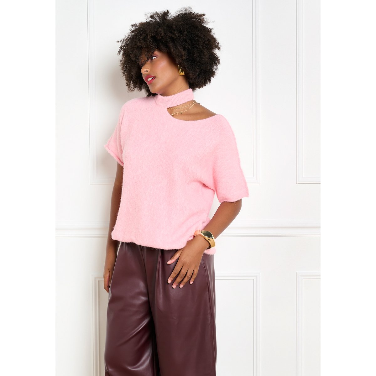 Pull doux à encolure ouverte rose bubblegum, LOLALIZA