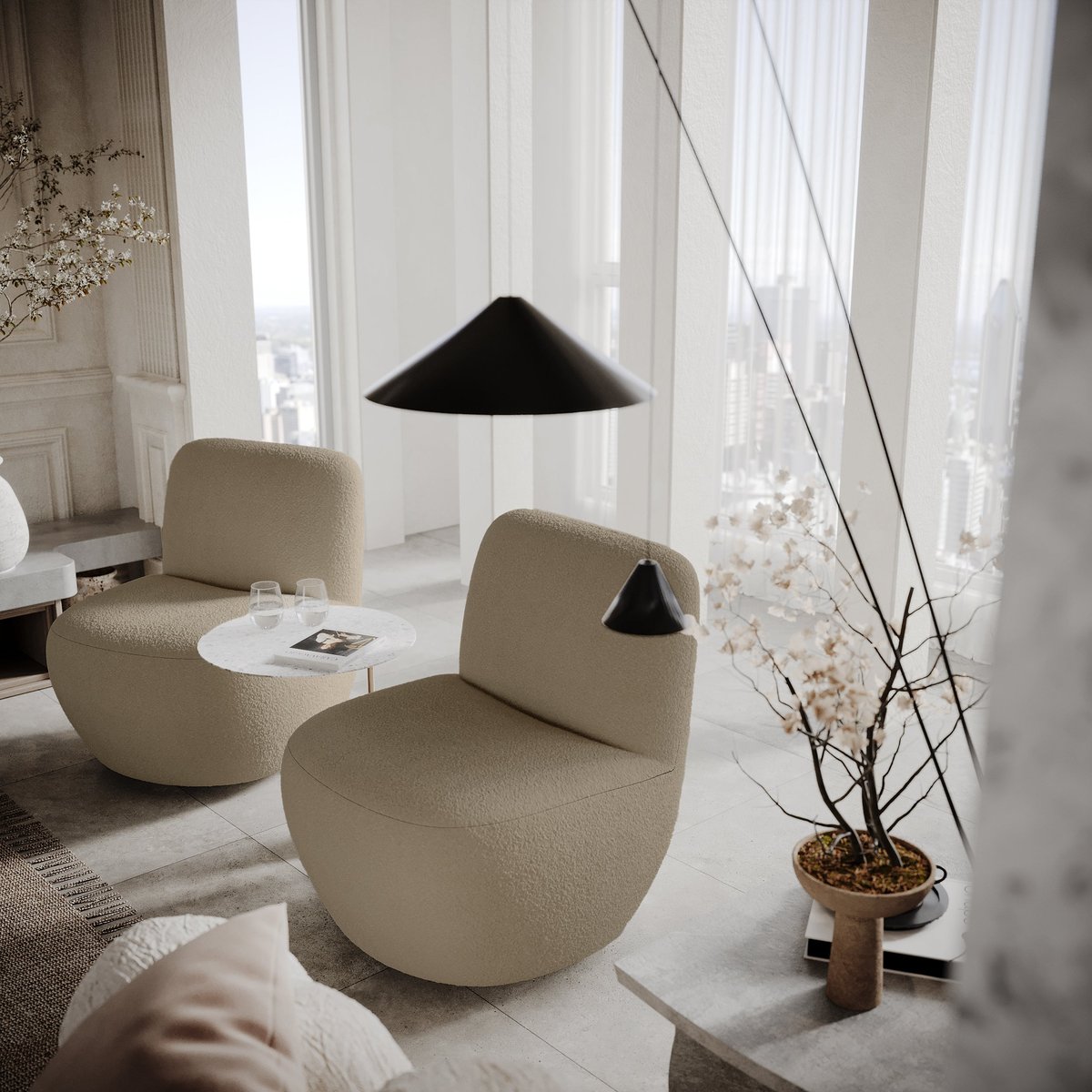 Fauteuil de salon pivotant en tissu bouclette JENA taupe, SIA HOME