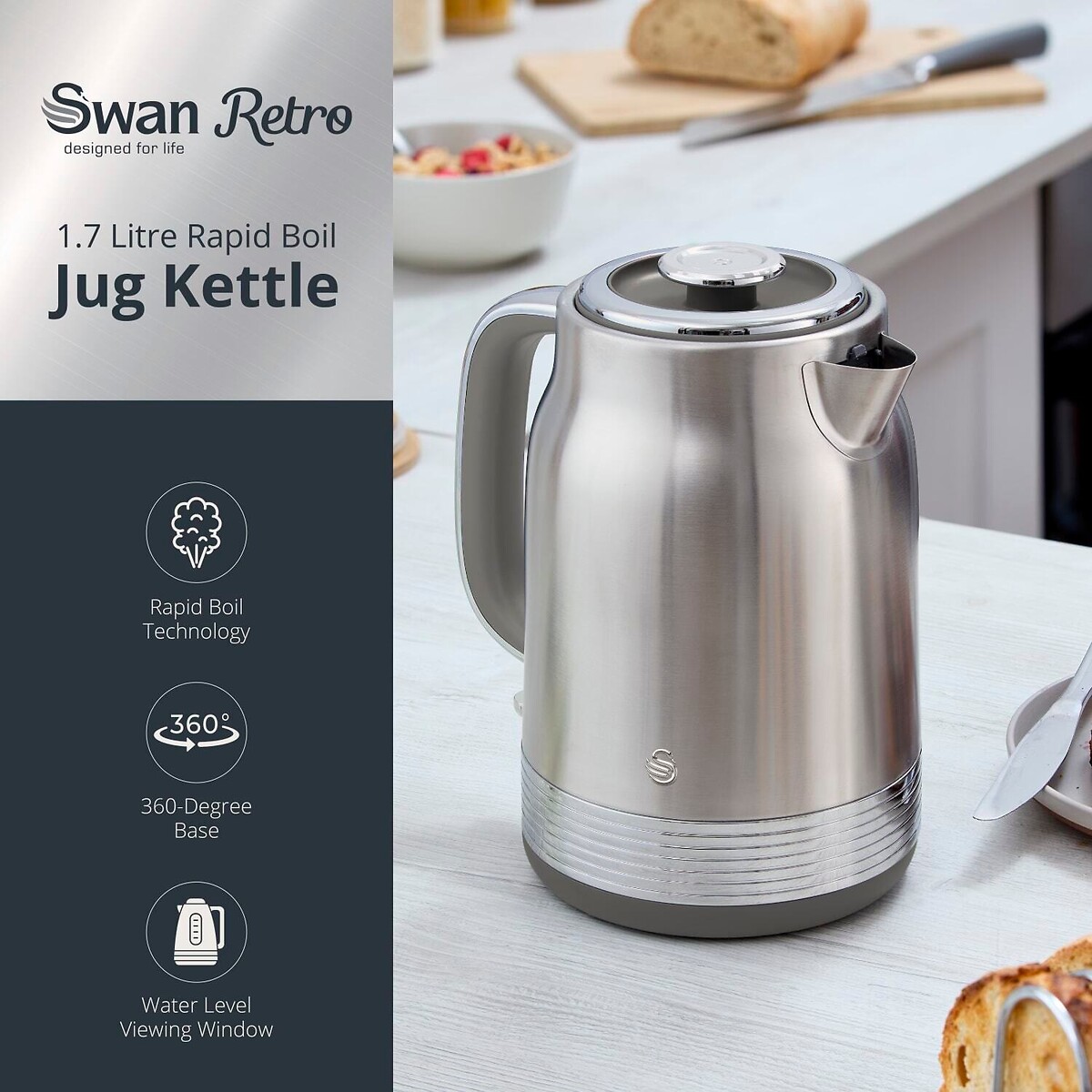 RetroRevive 1.7L Jug Kettle silver-coloured, SWAN