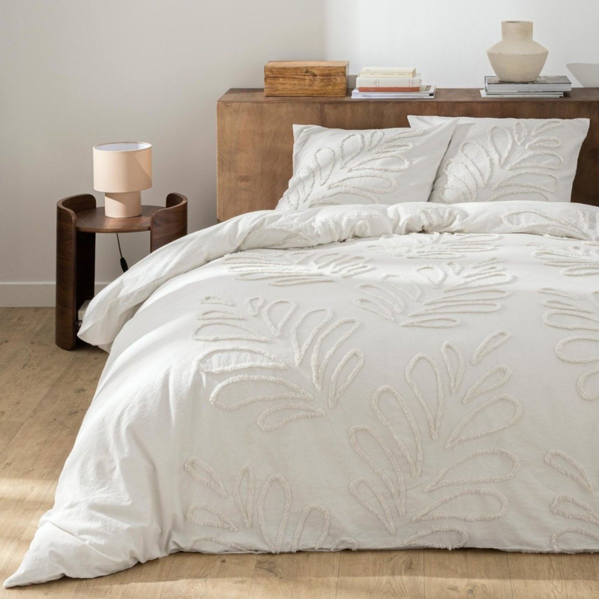 Housse de couette 2 personnes 100% coton + 2 taies finition tuftée beige, DECORATIE