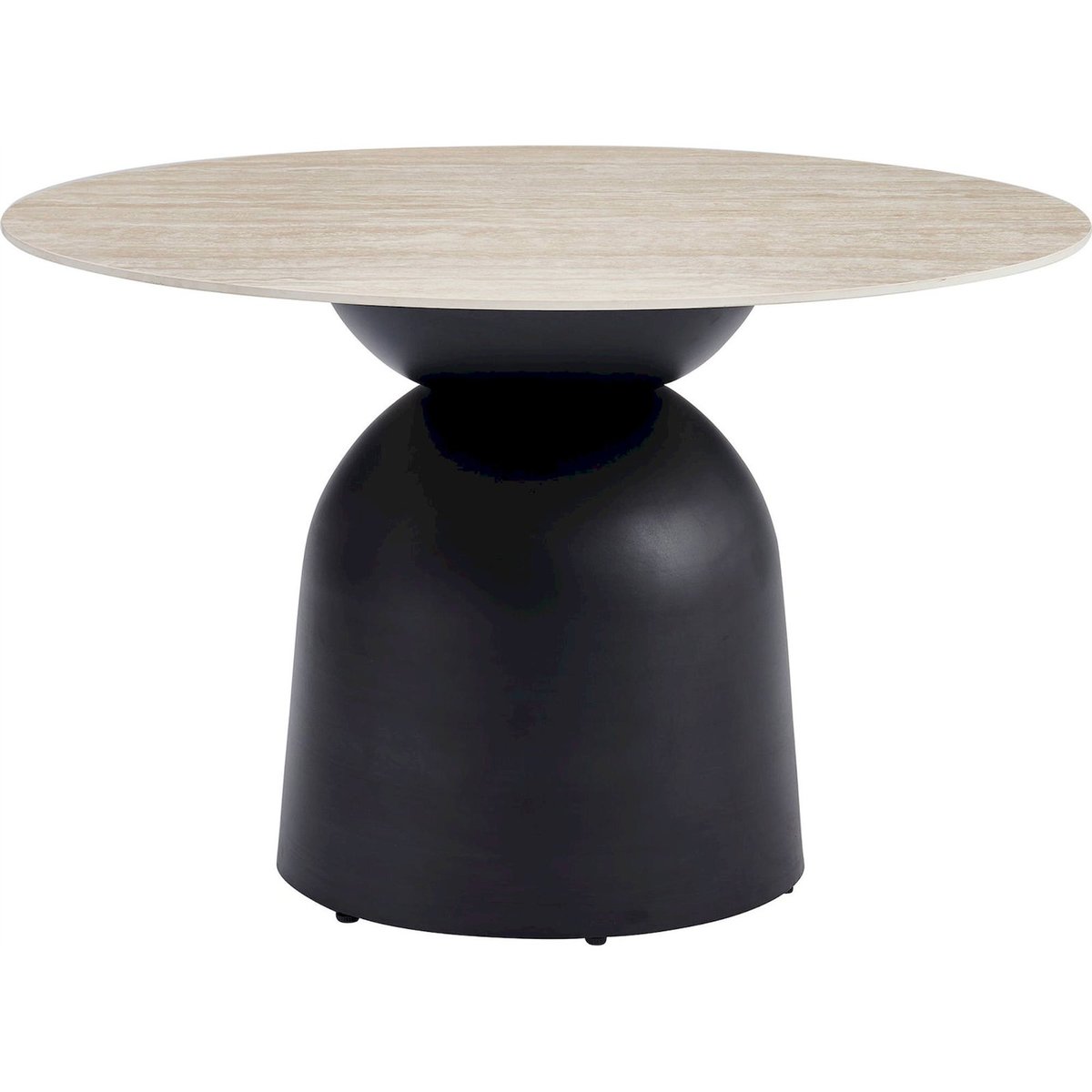 Table ronde effet travertin pied sculptural beige effet travertin et noir mat, RECOLLECTION
