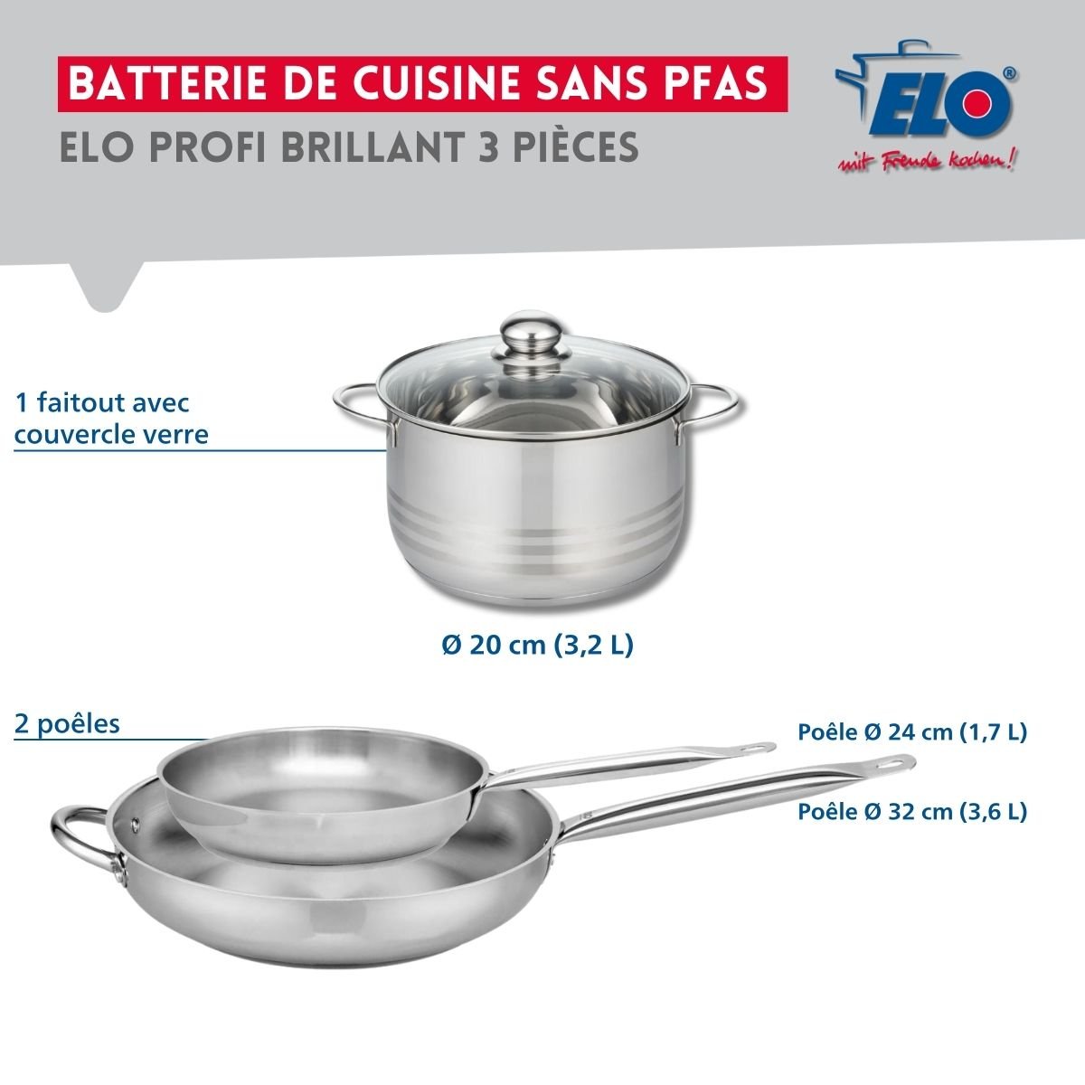 Batterie 2 poêles 24/32cm + 1 faitout 20cm PROFI BRILLANT gris, ELO