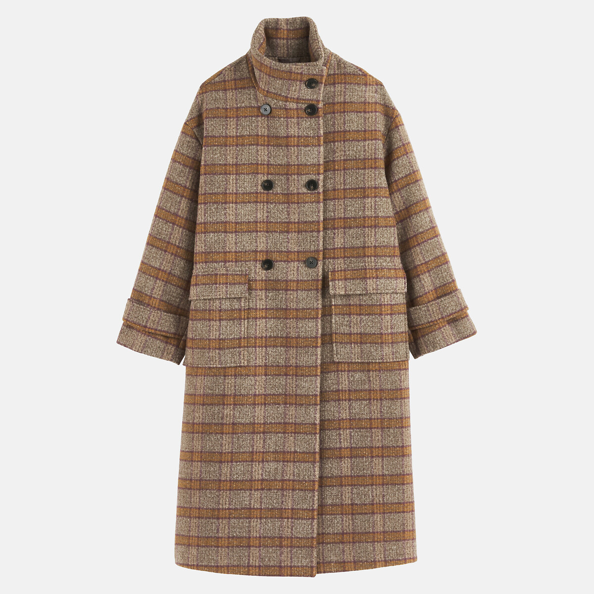 Manteau à carreaux col montant, en laine, double boutonnage carreaux brun, LA REDOUTE COLLECTIONS