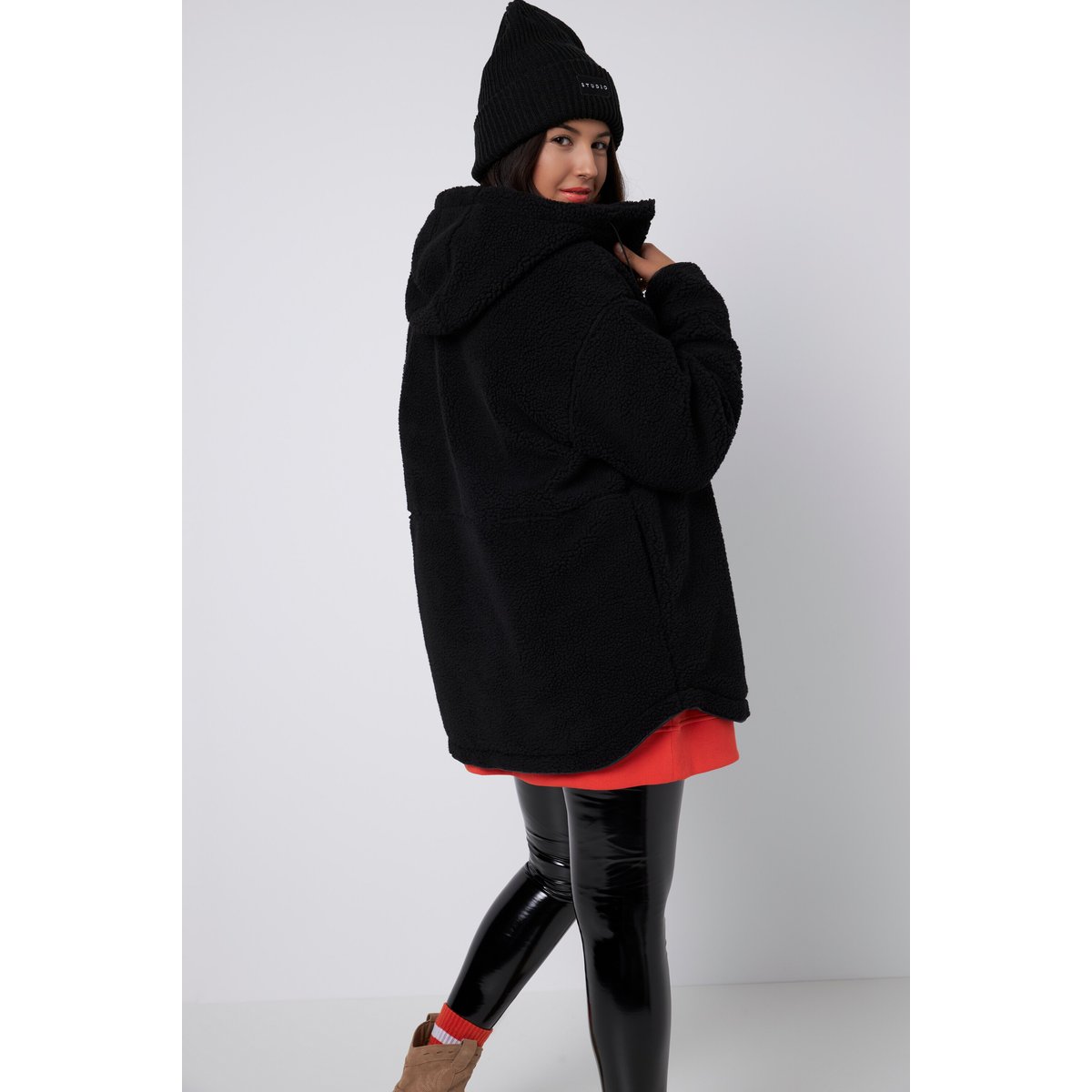 Veste en polaire bouclée, oversized, capuche noir, STUDIO UNTOLD