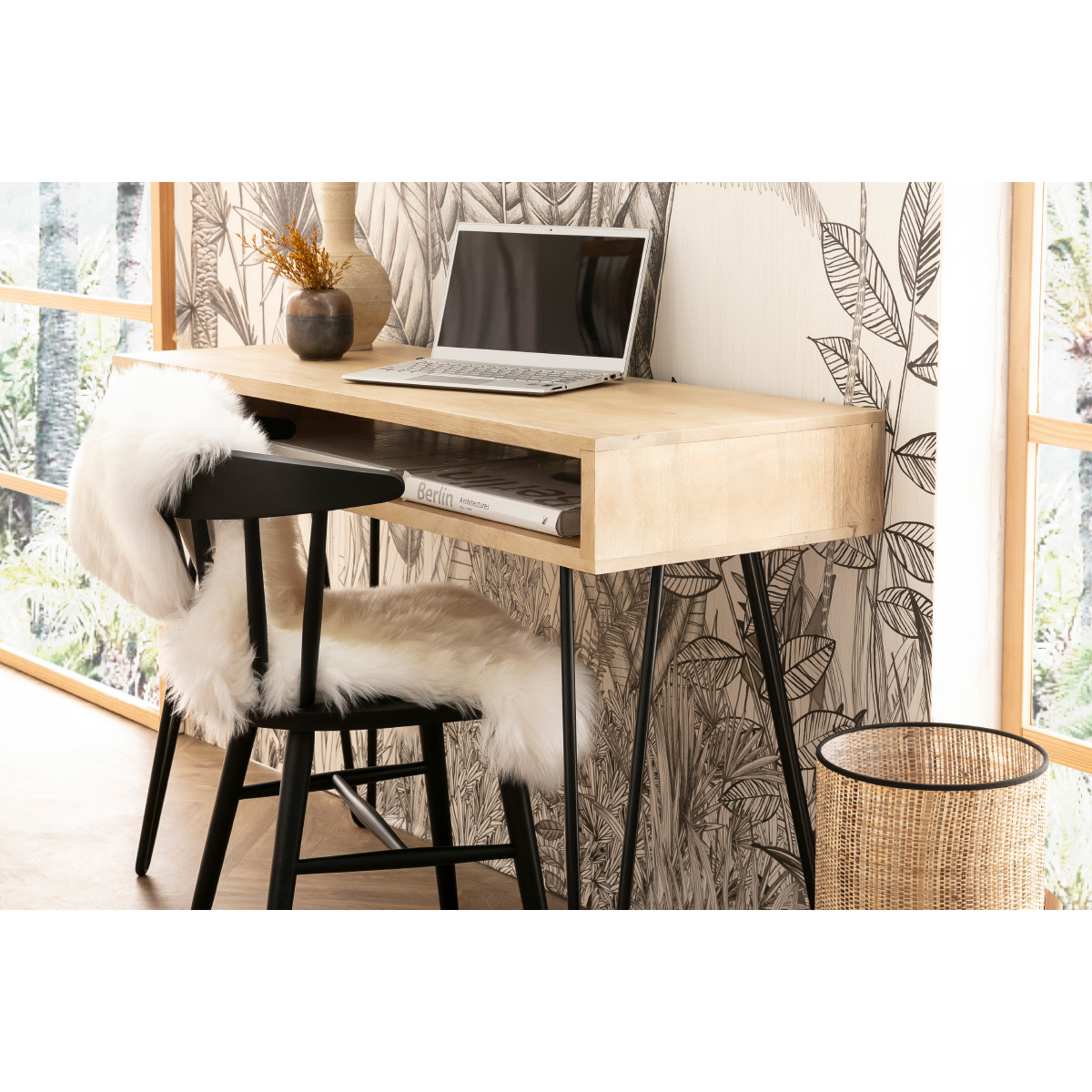 Bureau avec rangement en bois manguier massif et métal noir L116 cm VIBES bois brut, MILIBOO