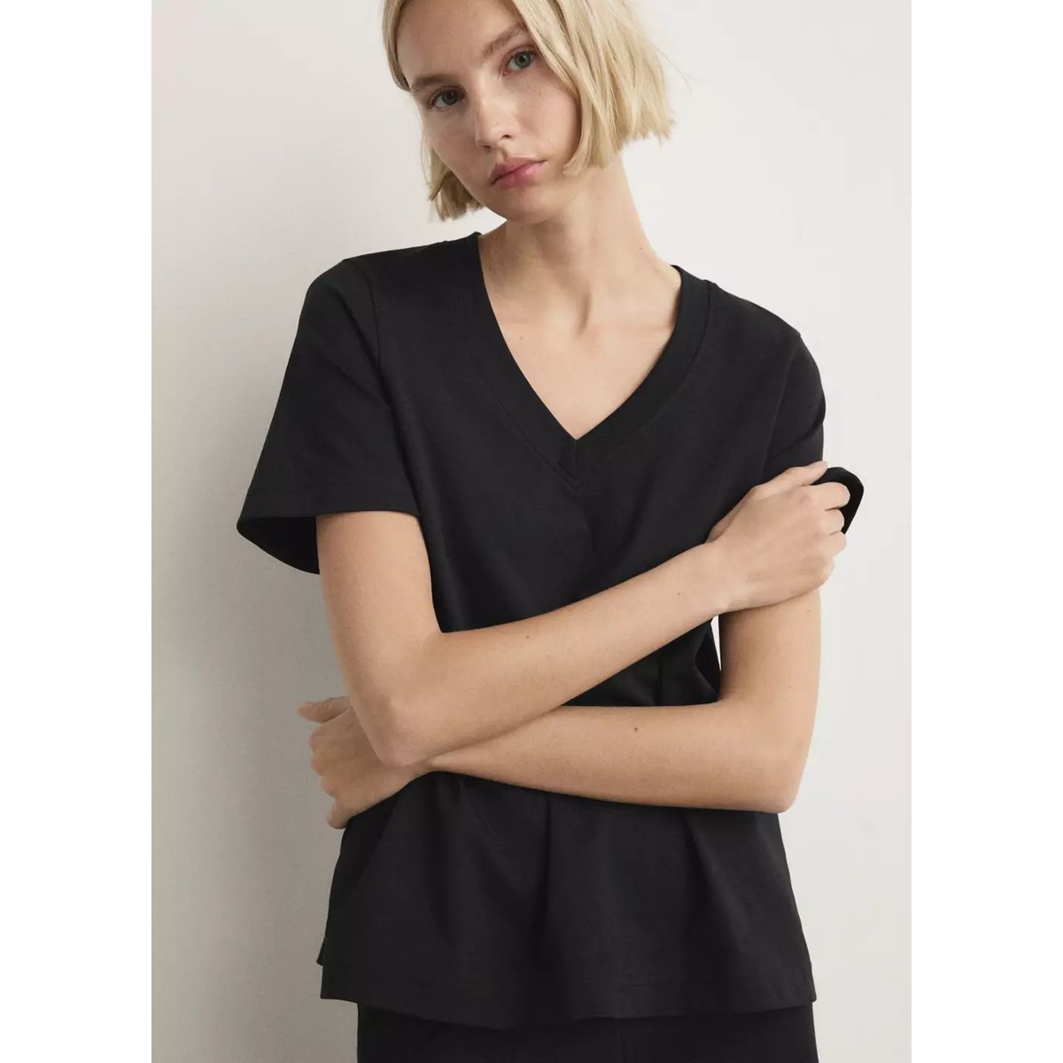 T-shirt de pyjama en coton manches courtes noir, MANGO