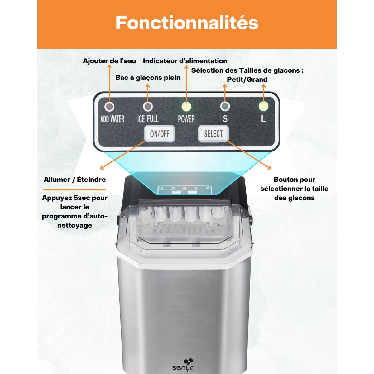Machine à glaçons électrique portable – Glaçons en 6 min pour apéros et cocktails – 12Kg/24h – Réservoir 1,3 L gris, SENYA