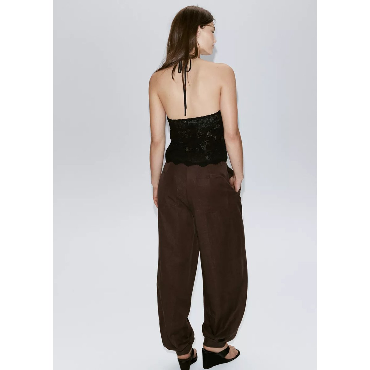 Top halter maille brodée noir, MANGO