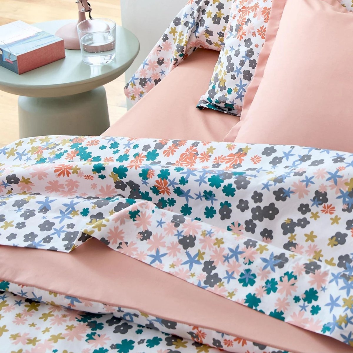 Drap plat percale de coton 80 fils motif floral rose, TRADILINGE