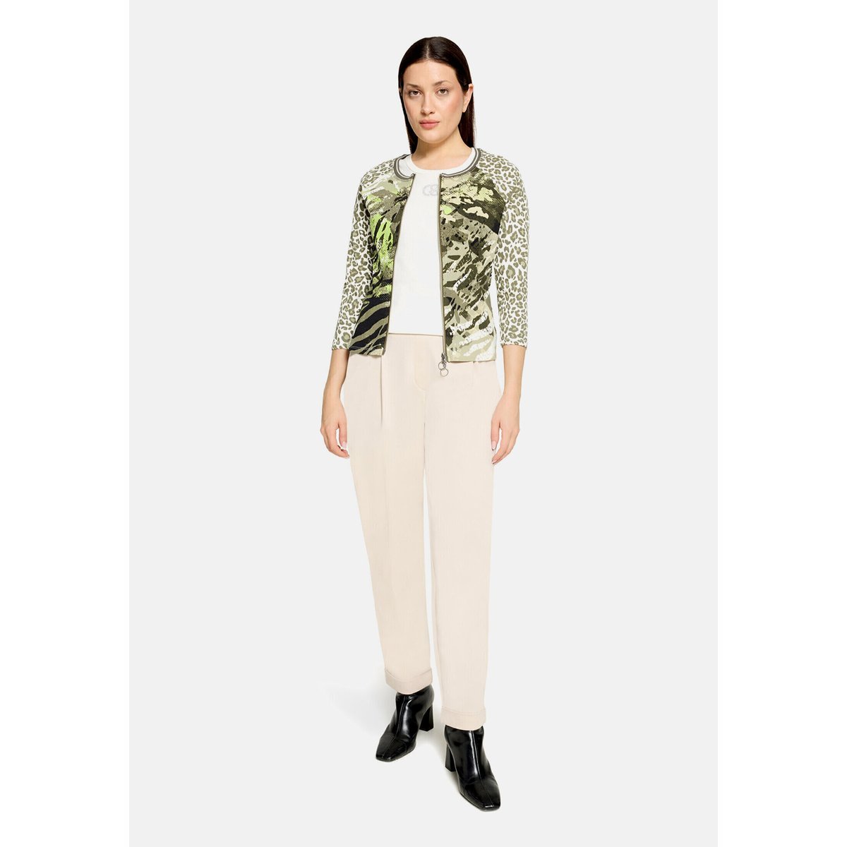 Cardigan façon t-shirt de texture côtelée khaki/cream, BETTY BARCLAY