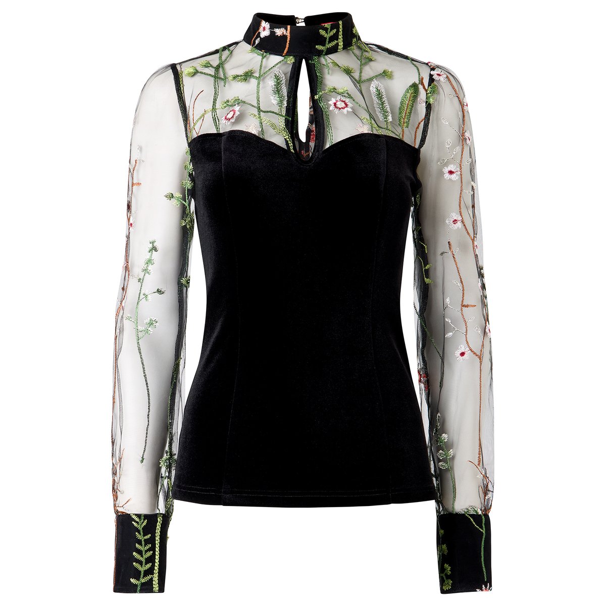 Blouse en Velours à Col Montant et Manches en Mesh Brodées noir, JOE BROWNS