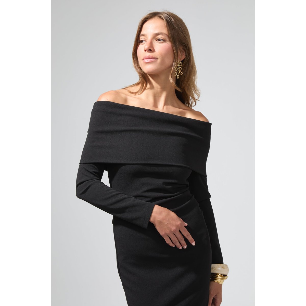 Robe longue encolure bardot ELIZABETH noir, BENOA