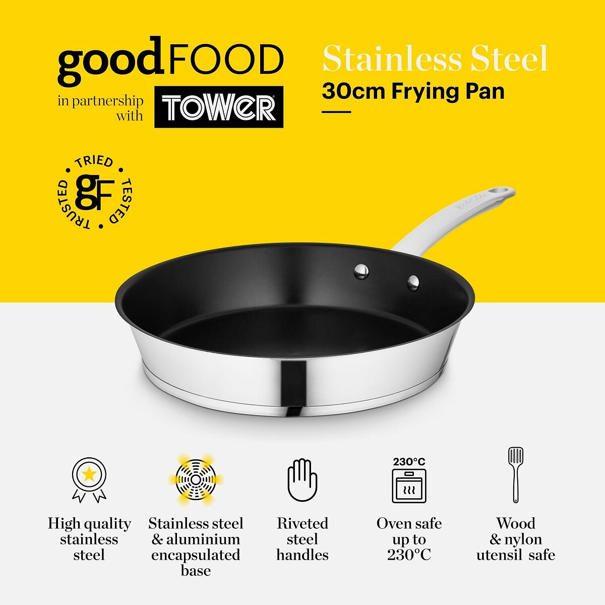 30cm Stainless Steel Frying Pan silver-coloured, GOOD FOOD BY TOWER