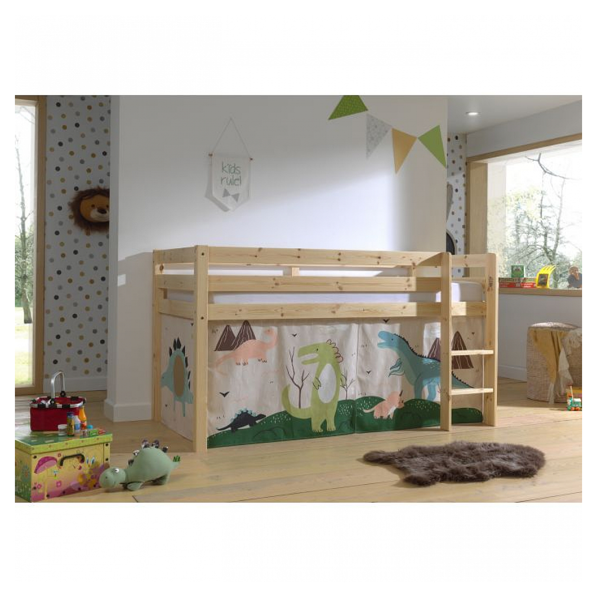 Lit Compact Naturel + Rideau en parties Dinos couleur unique, VIPACK