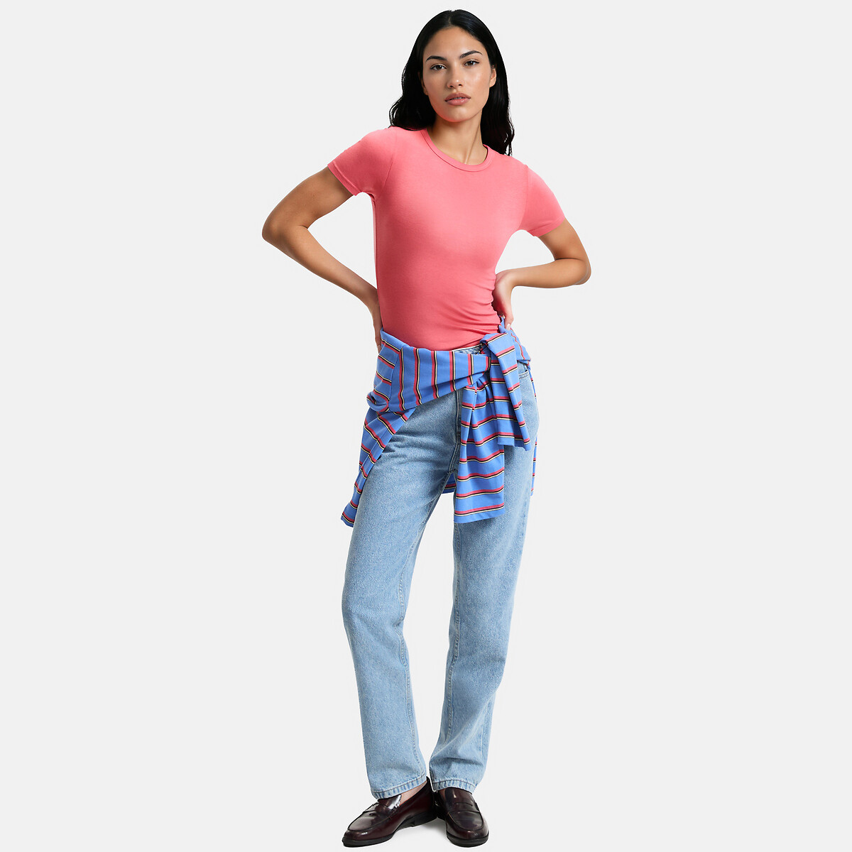 Nauwsluitend T-shirt met ronde hals en korte mouwen houtroze , LA REDOUTE COLLECTIONS