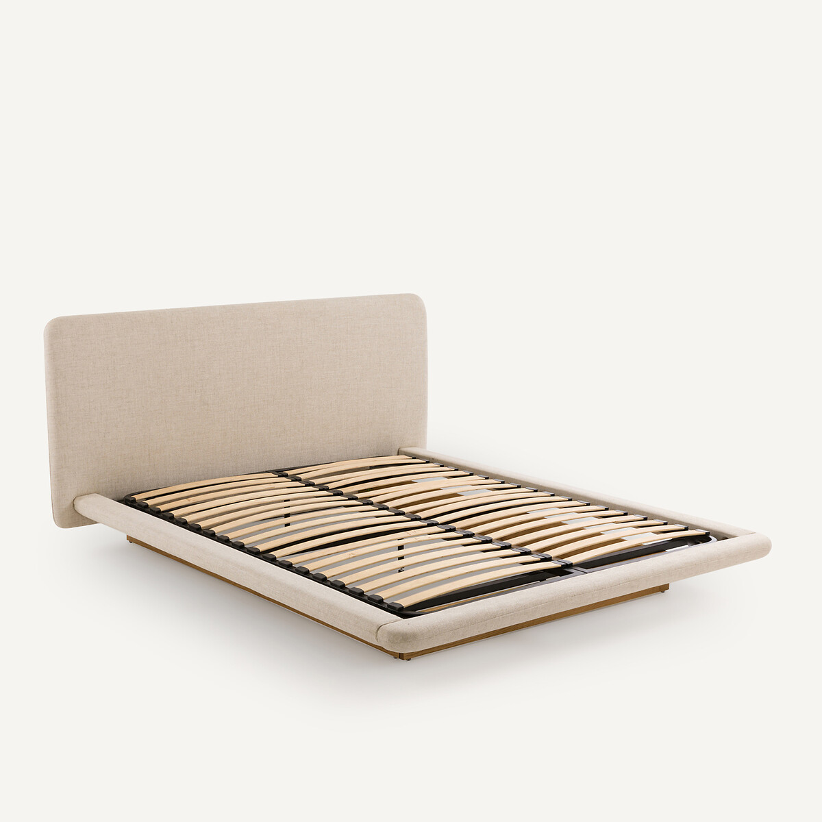 Lit double avec sommier assemblé, en tissu et plateforme en frêne, SLICE ficelle, AM.PM
