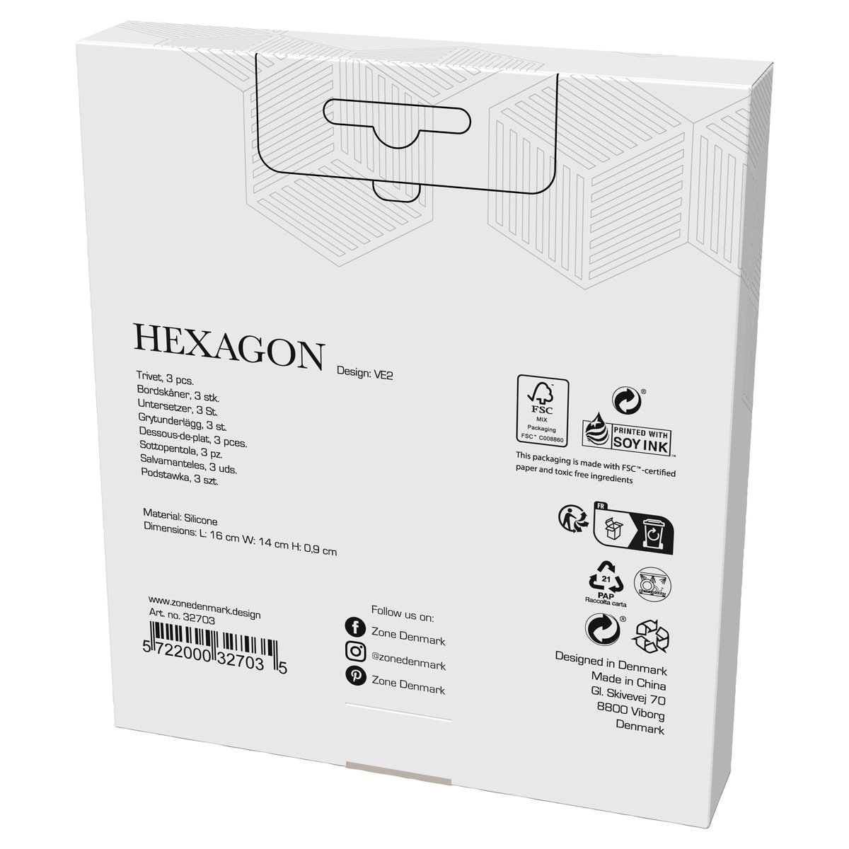 Set de 3 dessous-de-plat Trivet HEXAGON indigo/fog/olive taupe, ZONE DENMARK
