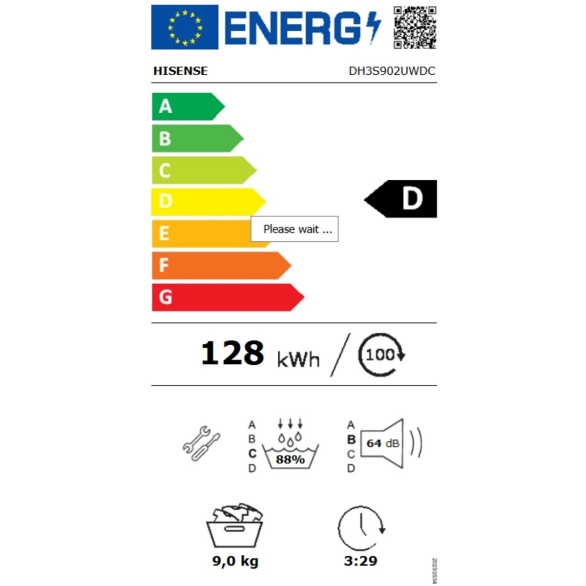 Sèche linge pompe à chaleur DH3S902UWDC couleur unique, HISENSE