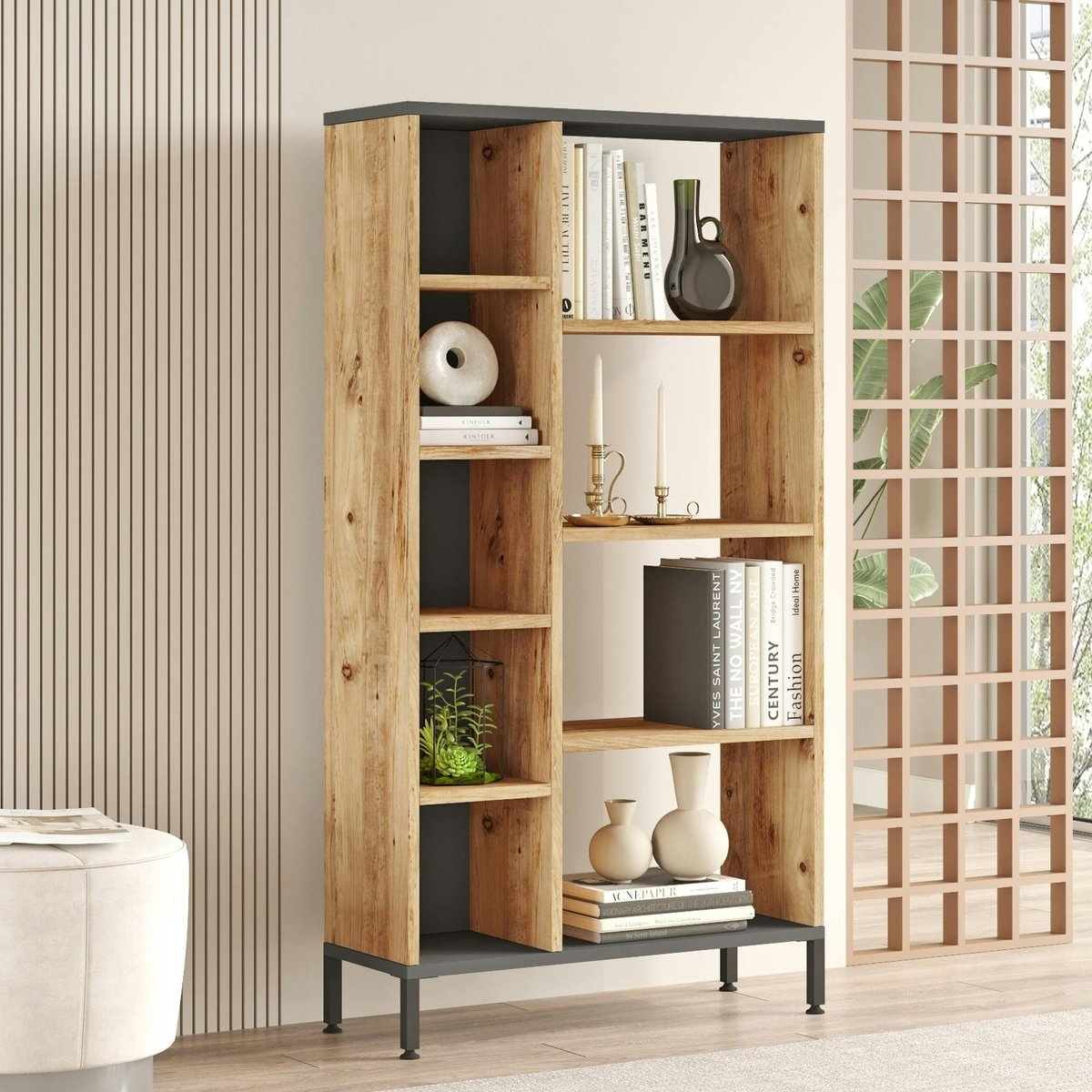 Bibliothèque moderne gris foncé et effet pin MARFA bois naturel, PIER IMPORT