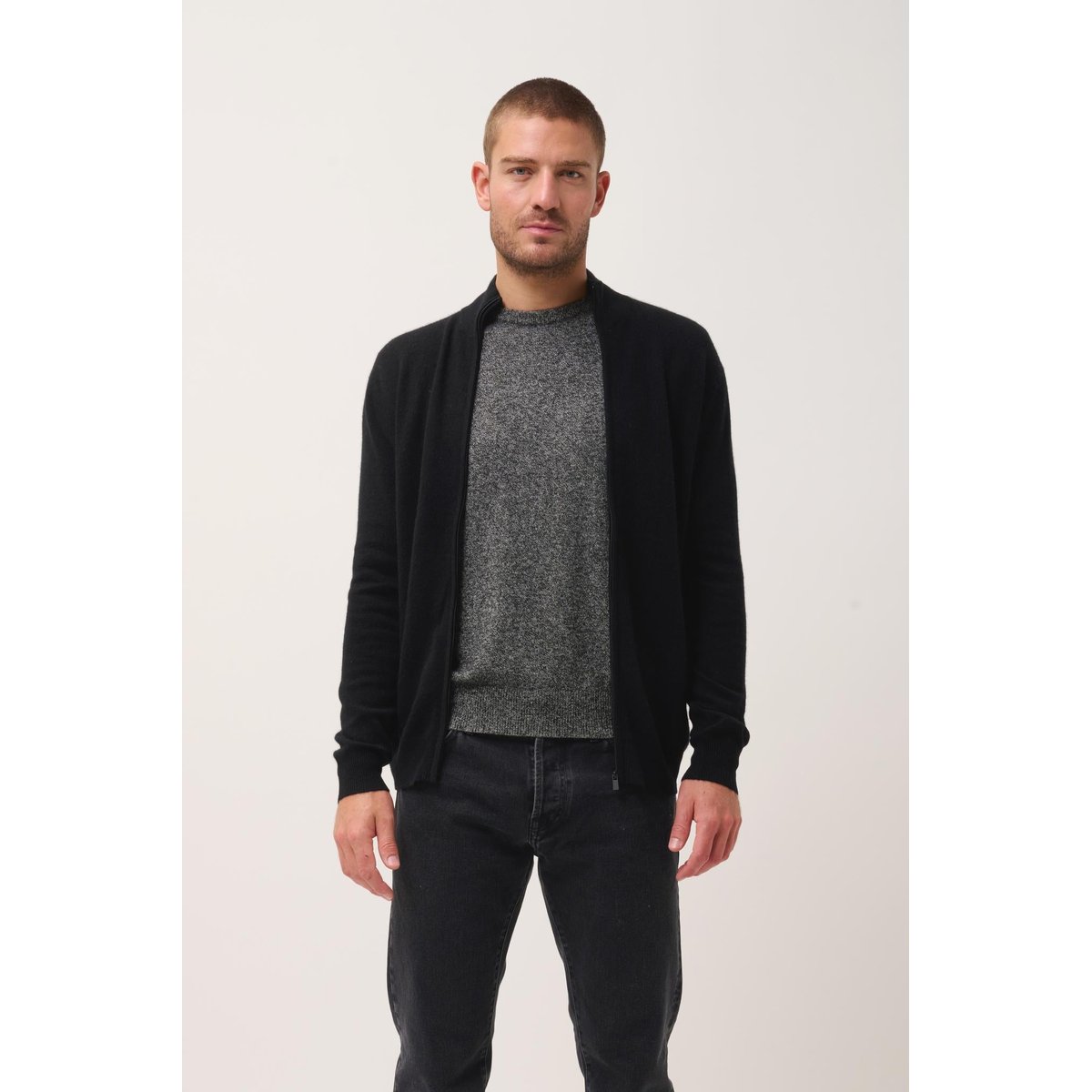 Gilet Zippé Col Montant Noir Alan noir, JUST CASHMERE
